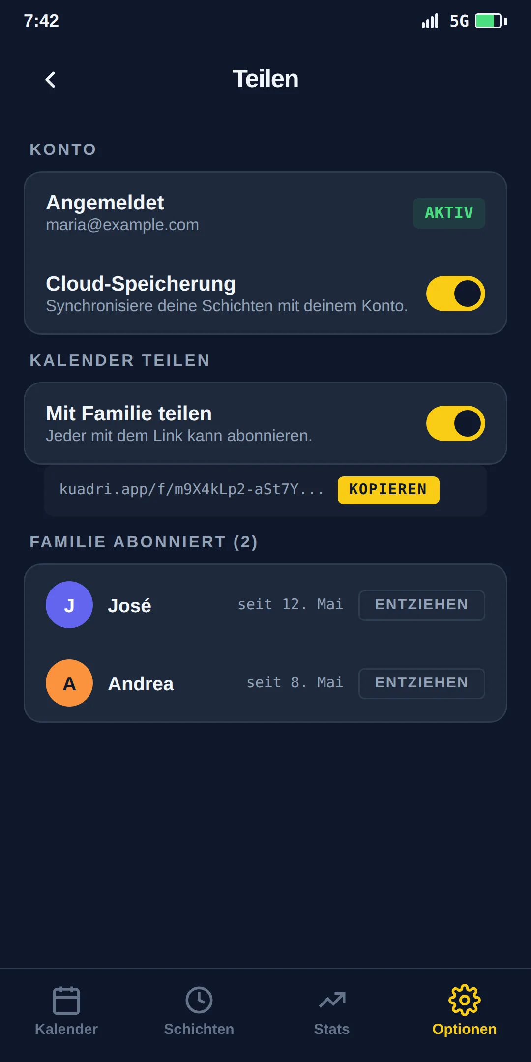 Teilen-Screen von Kuadri mit geheimen Kalenderlinks.