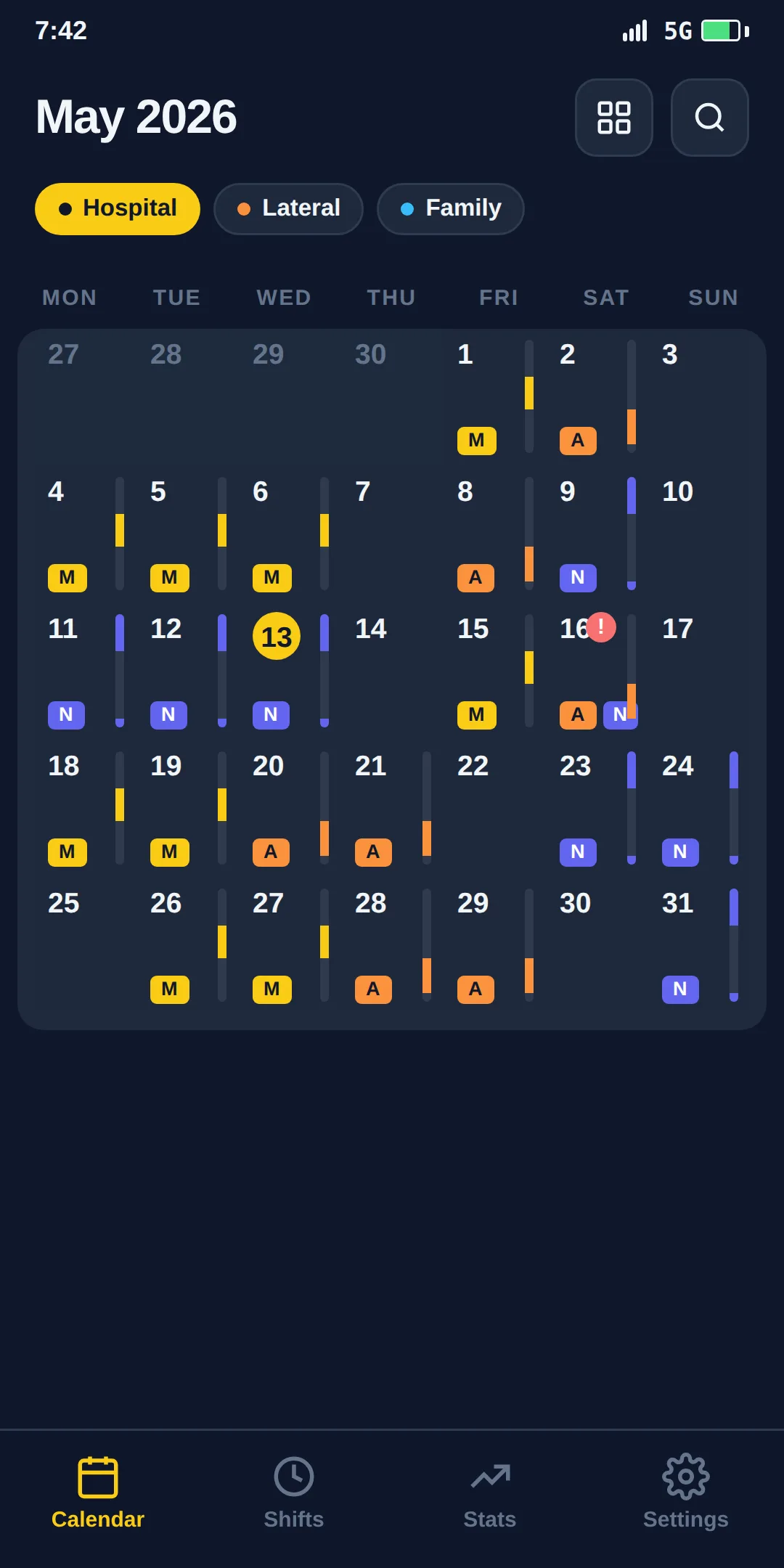 Kuadri monthly calendar with morning, afternoon and night shifts painted in.