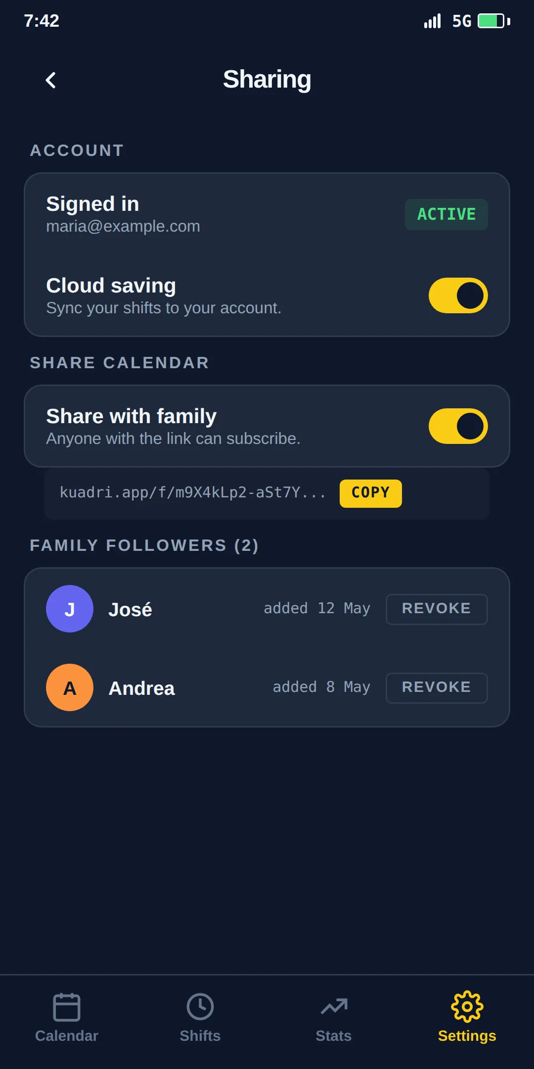 Kuadri sharing screen with secret calendar links.