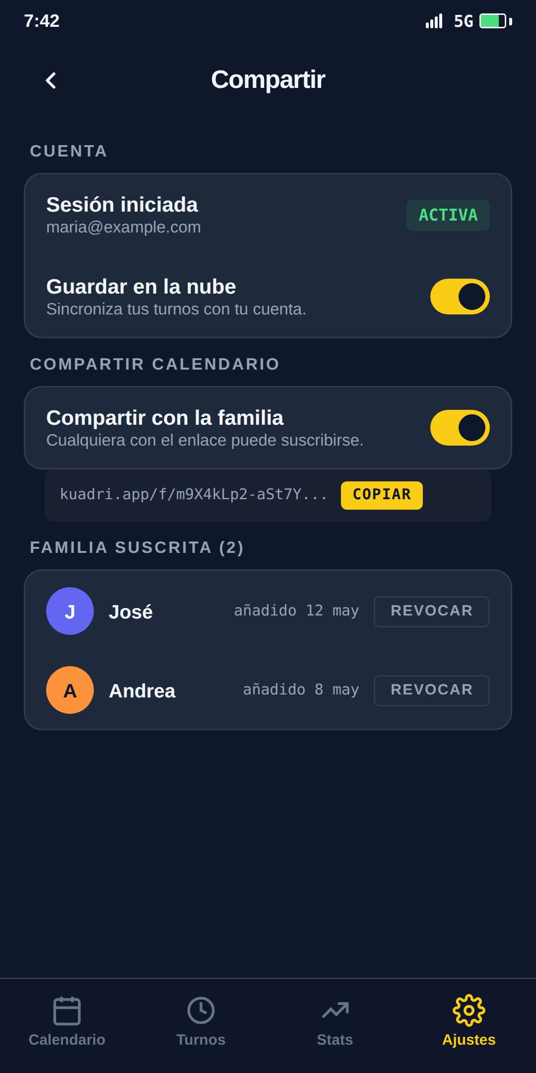 Pantalla de compartir de Kuadri.