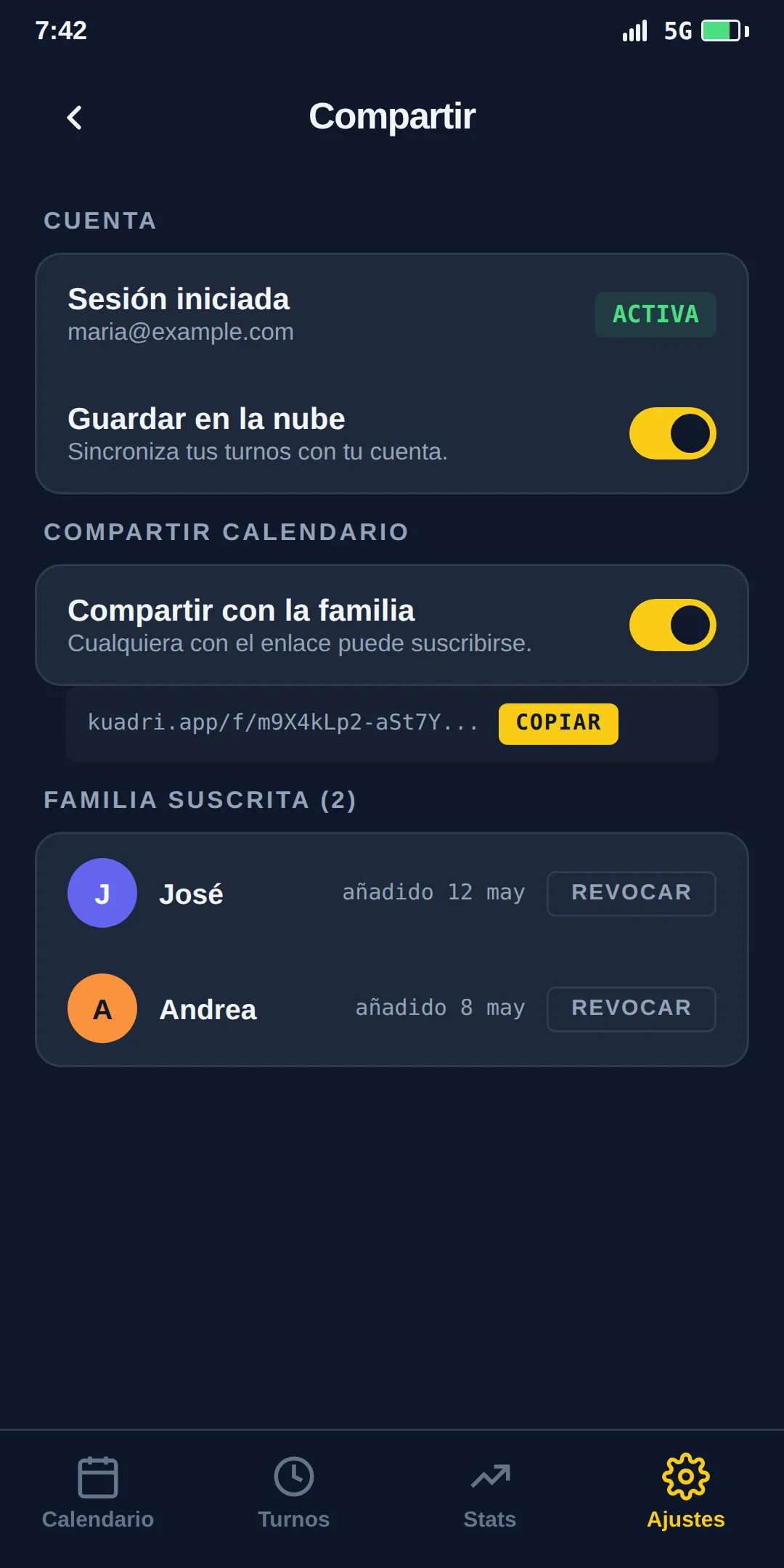 Pantalla de compartir de Kuadri.