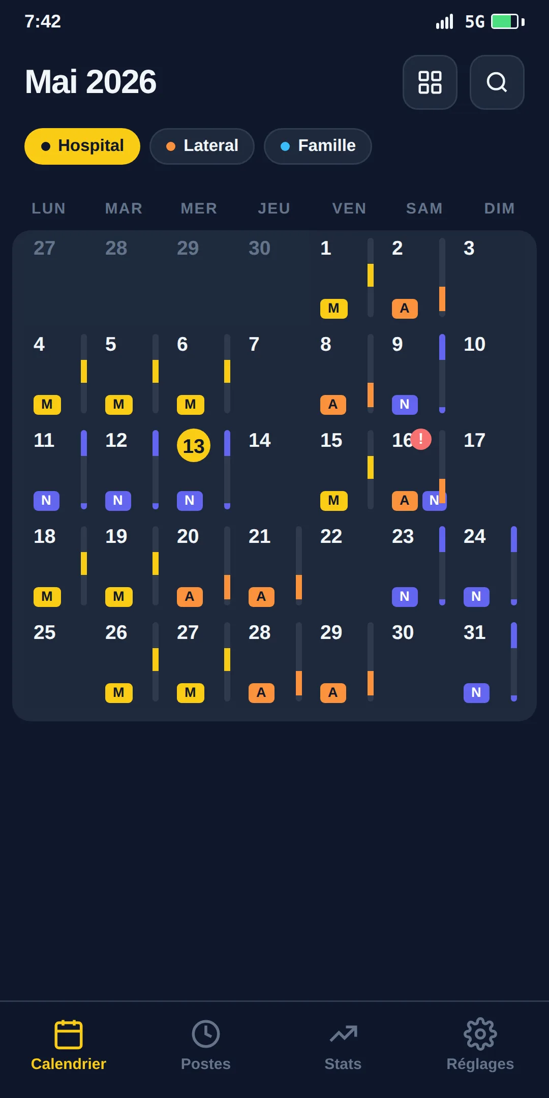 Calendrier mensuel de Kuadri avec les postes du matin, de l'après-midi et de nuit.