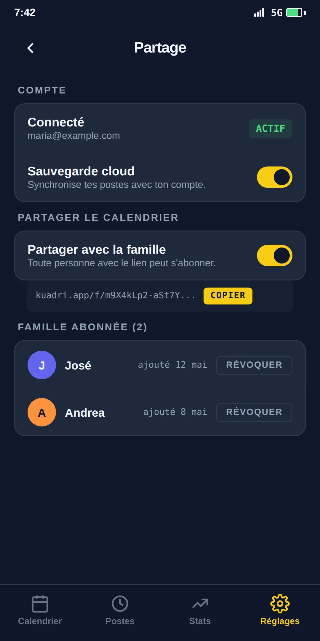 Écran de partage de Kuadri avec des liens de calendrier secrets.