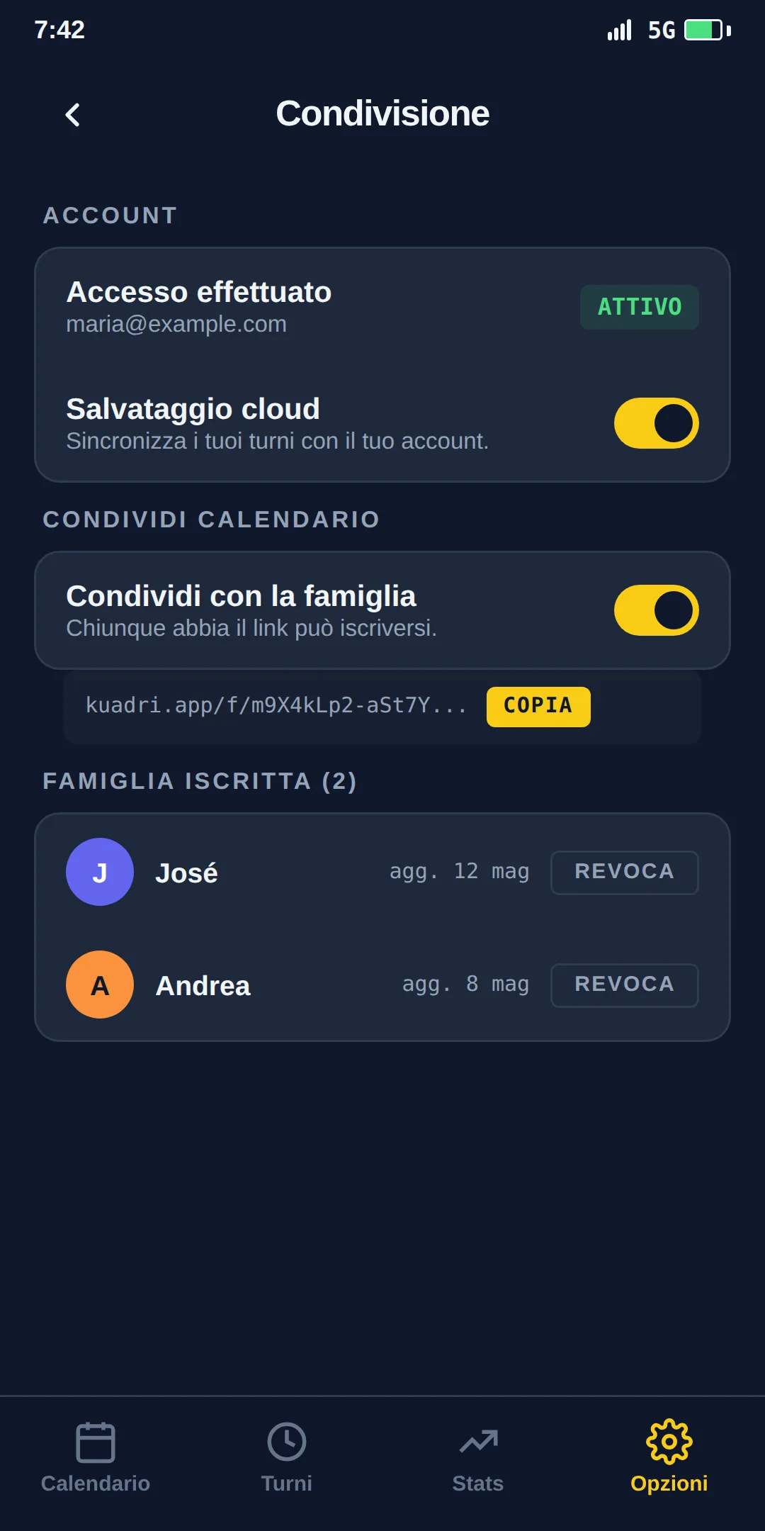 Schermata di condivisione di Kuadri con link al calendario segreti.