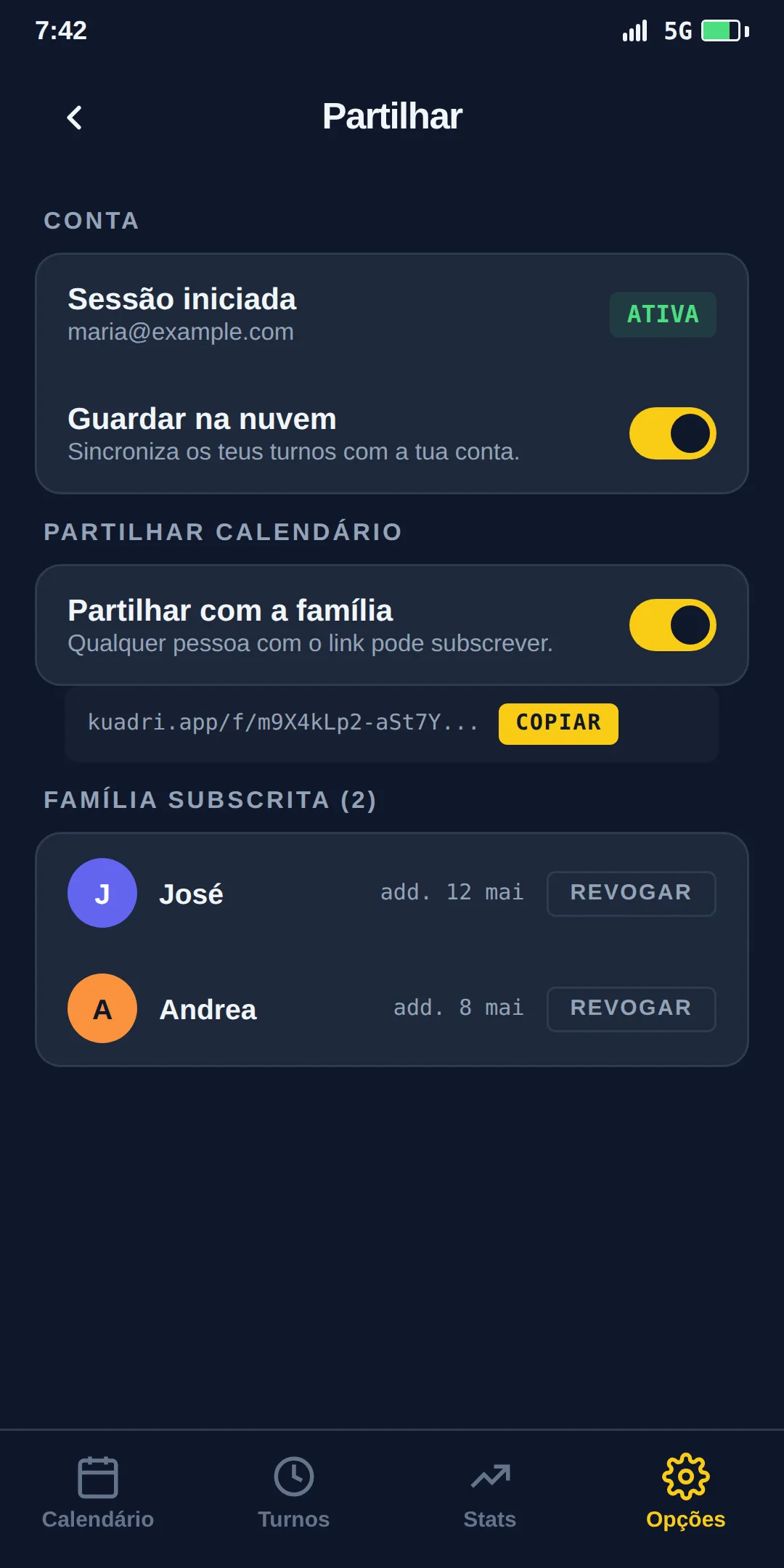 Ecrã de partilha do Kuadri com links de calendário secretos.